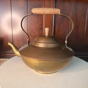Vintage Old Dutch Solid Brass And Copper Tea Kettle Portugal Wood Handle 9"